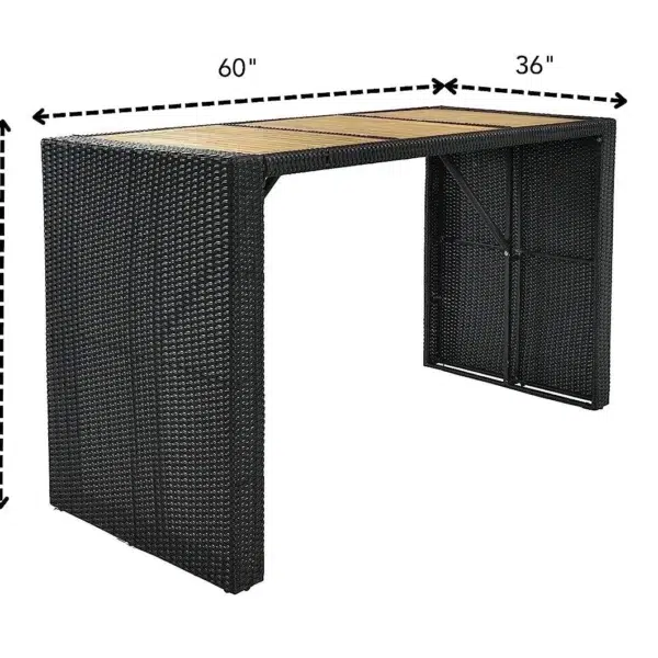 7-piece outdoor rattan bar set in black and off-white with high stools, table, and cushions, perfect for garden or patio settings.