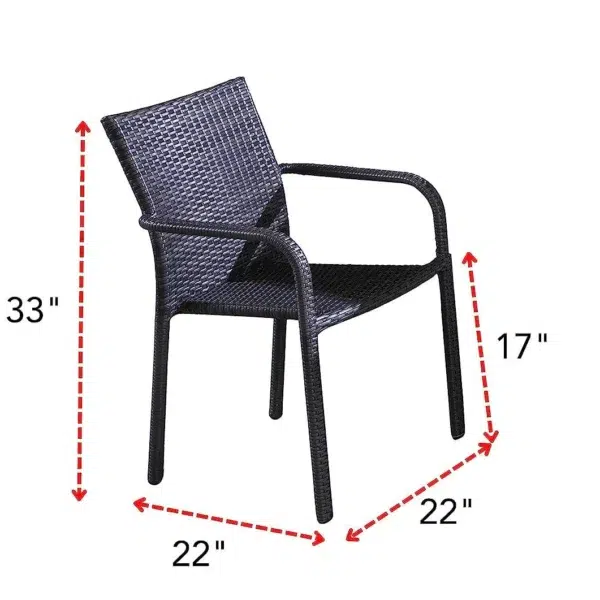 Black 7-piece wicker patio dining set with six chairs and a rectangular table on a patio.