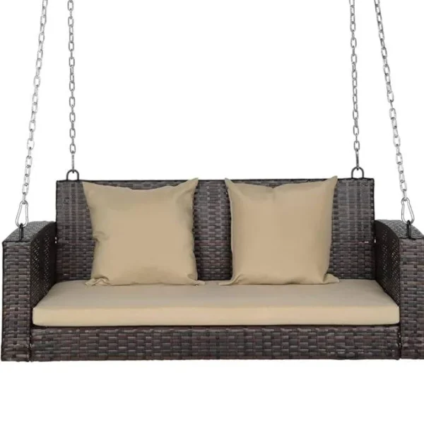 Double seater hanging swing in dark brown color, suitable for balcony and garden, without stand