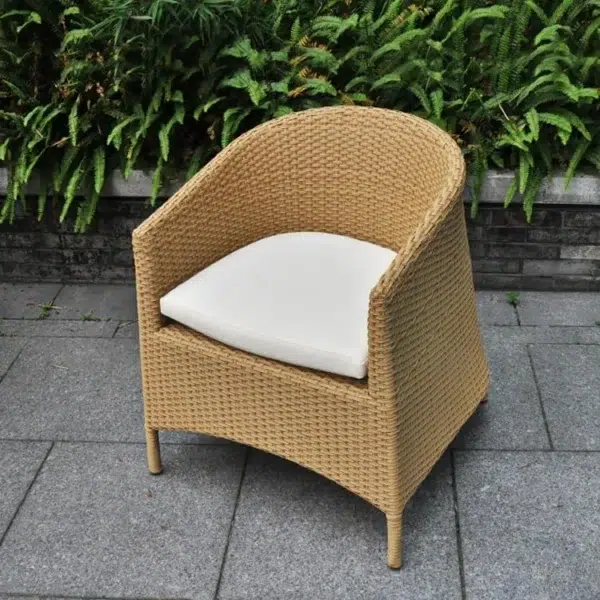 5-piece beige and white rattan patio conversation set with sofa, chairs, and table