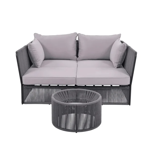 Outdoor grey chaise lounge set with daybed and clear tempered glass side table on a patio.
