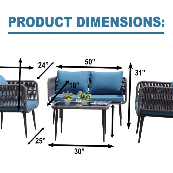 3-piece outdoor rope sofa set with cushions and glass-top centre table