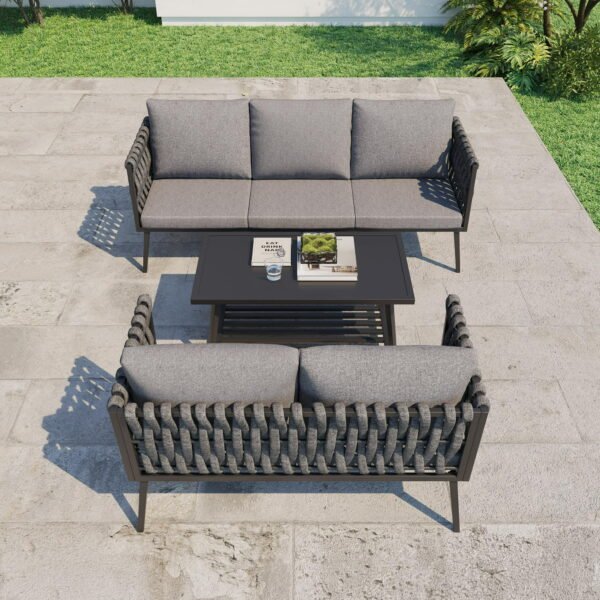 Grey 3-piece outdoor woven rope bistro set with table and chairs on patio