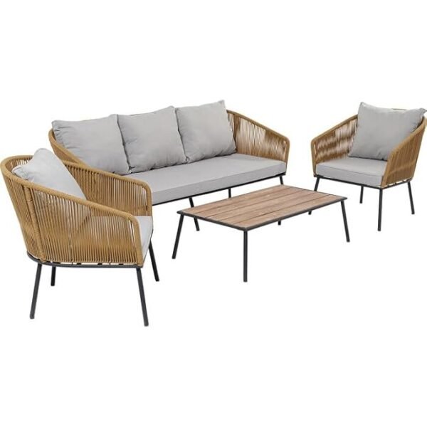 Relax and entertain in style with our chic outdoor rope sofa set, complete with a sleek center table.