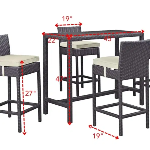 5 piece outdoor patio wicker dining bar set in dark brown and off-white with chairs and table.