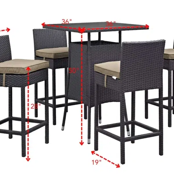 5-piece elevated patio bar set in dark brown wicker with beige cushions, ideal for outdoor entertaining.