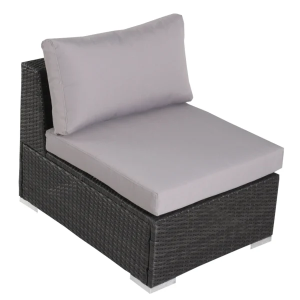 4 seater outdoor wicker sectional sofa set in brown frame with light grey cushions placed on a patio.