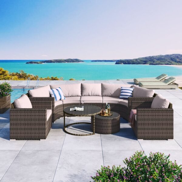 7-seater half-moon outdoor wicker sectional furniture set with beige cushions on a dark brown frame, perfect for patio or garden seating