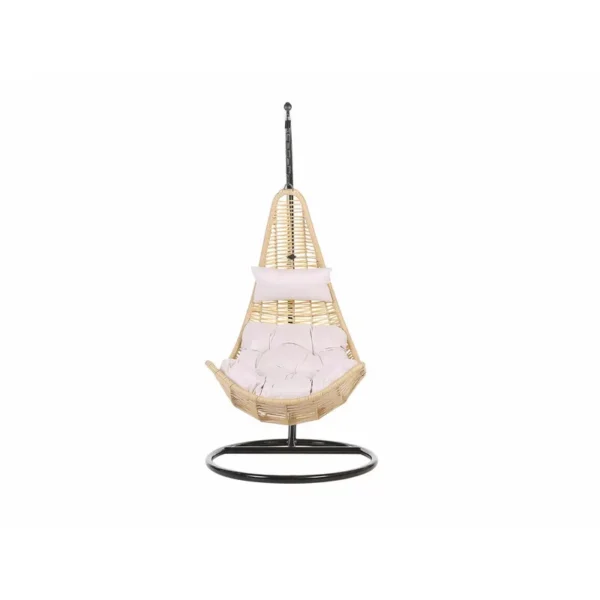 Beige single-seater hanging swing with metal stand, perfect for balconies and gardens