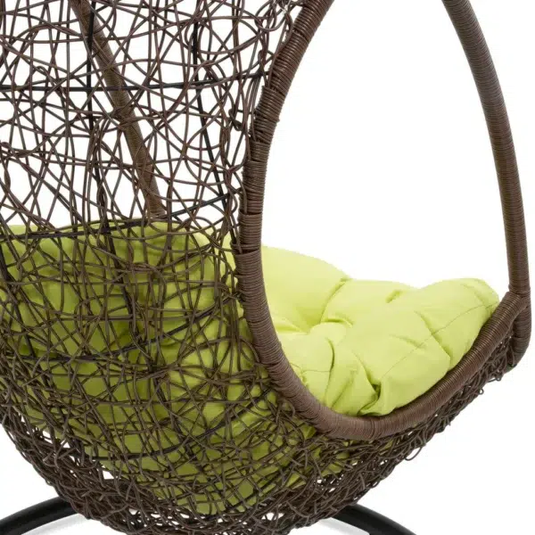 Single seater hanging swing with stand in dark brown, ideal for balcony or garden seating.