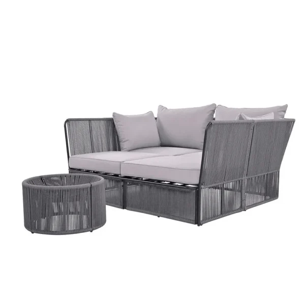 Outdoor grey chaise lounge set with daybed and clear tempered glass side table on a patio.