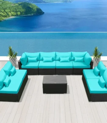 8 Seater black and sky blue rattan wicker outdoor sectional sofa set with cushions