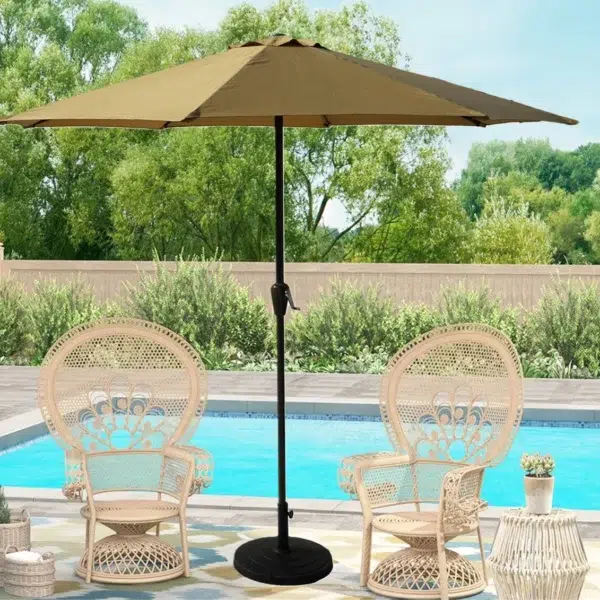 9ft beige outdoor patio umbrella with sturdy centre pole stand, UV-resistant fabric, perfect for garden, beach, or café use