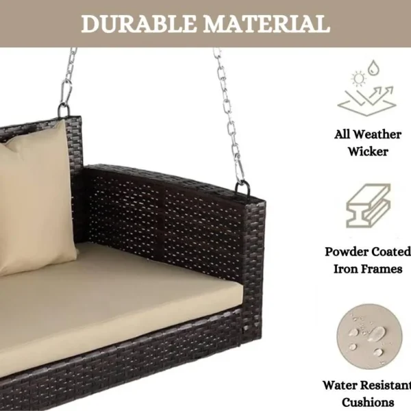 Double seater hanging swing in dark brown color, suitable for balcony and garden, without stand