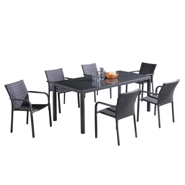 Black 7-piece wicker patio dining set with six chairs and a rectangular table on a patio.