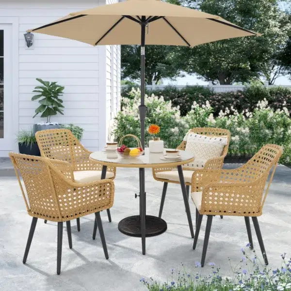 5-piece beige and cream wicker dining set with chairs and table, ideal for indoor and outdoor use, space-saving design, table without glass top