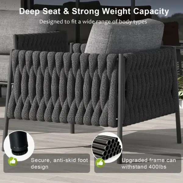 Grey 7-seater rope sofa set with washable soft cushions and glass top table in an outdoor backyard setting.