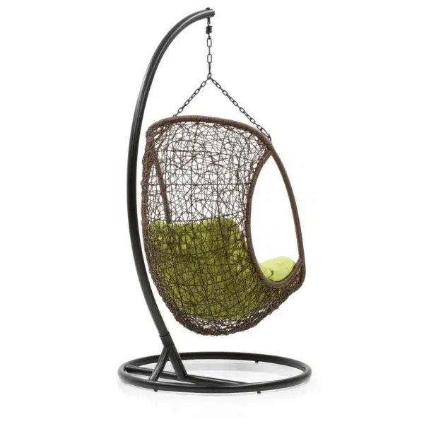 Single seater hanging swing with stand in dark brown, ideal for balcony or garden seating.