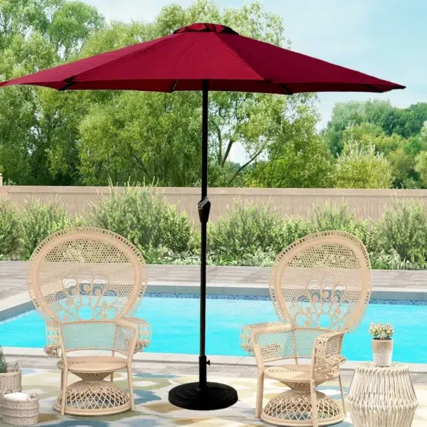 Red 9ft round outdoor patio umbrella with waterproof canopy and central pole stand, perfect for garden or balcony use.