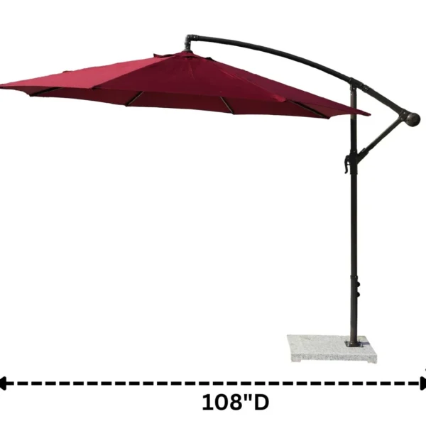9-foot red offset cantilever patio umbrella with marble base and crank handle in a backyard setting