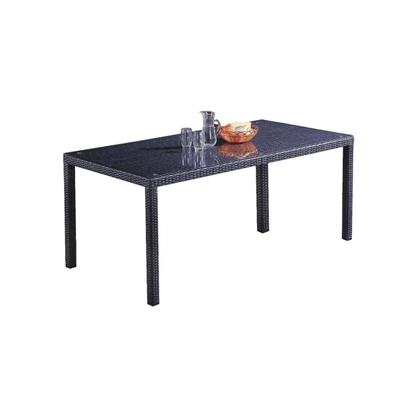 Black 7-piece wicker patio dining set with six chairs and a rectangular table on a patio.