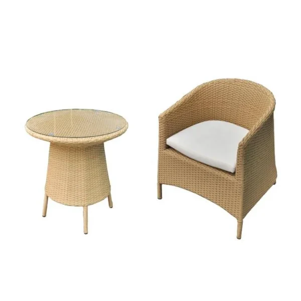 5-piece beige and white rattan patio conversation set with sofa, chairs, and table
