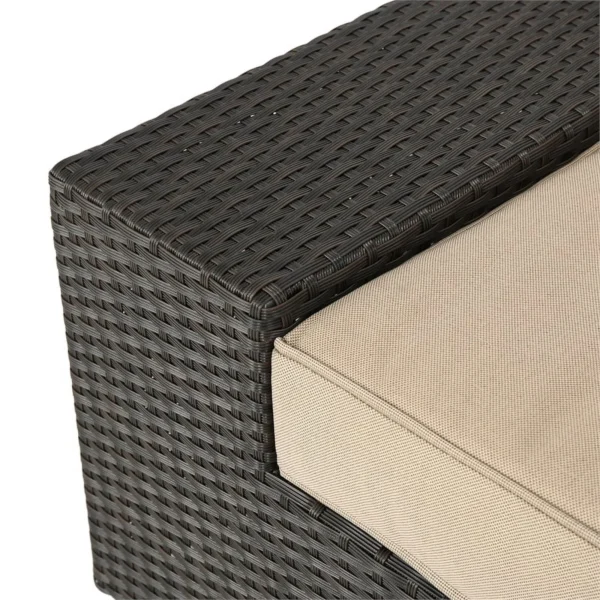 L-shape outdoor wicker patio sectional set with cream cushions and matching coffee table in dark brown