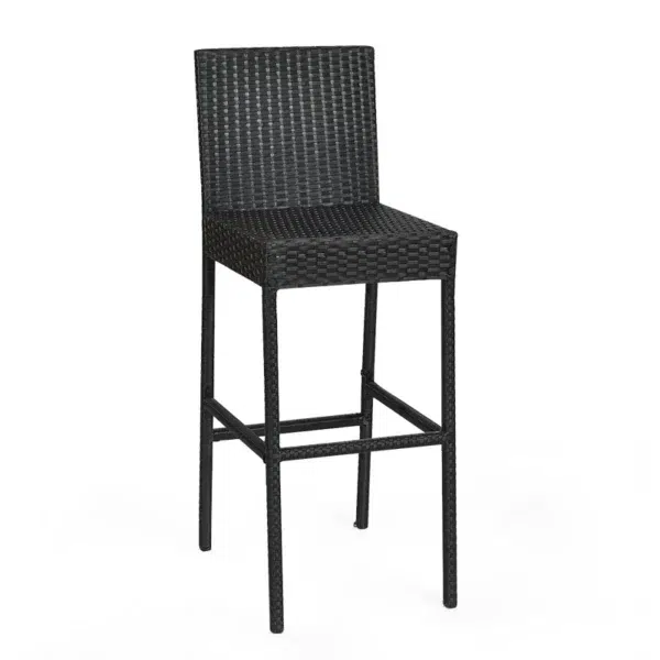 7-piece outdoor rattan bar set in black and off-white with high stools, table, and cushions, perfect for garden or patio settings.