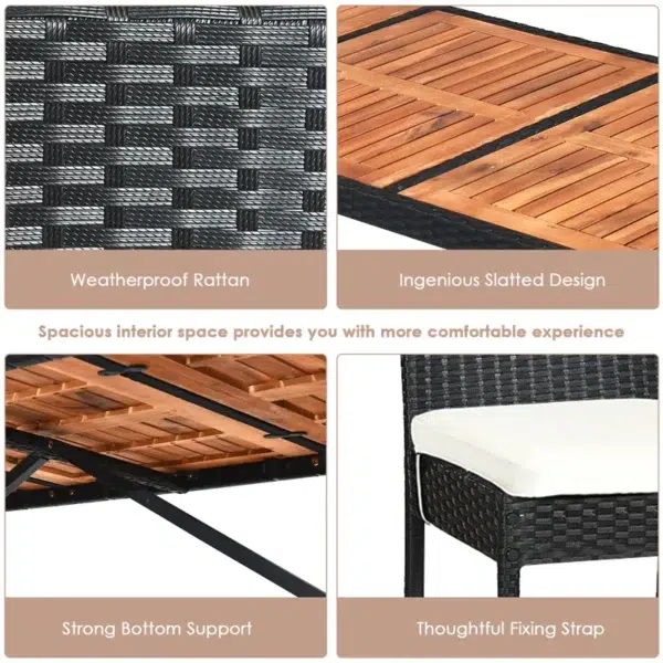 7-piece outdoor rattan bar set in black and off-white with high stools, table, and cushions, perfect for garden or patio settings.