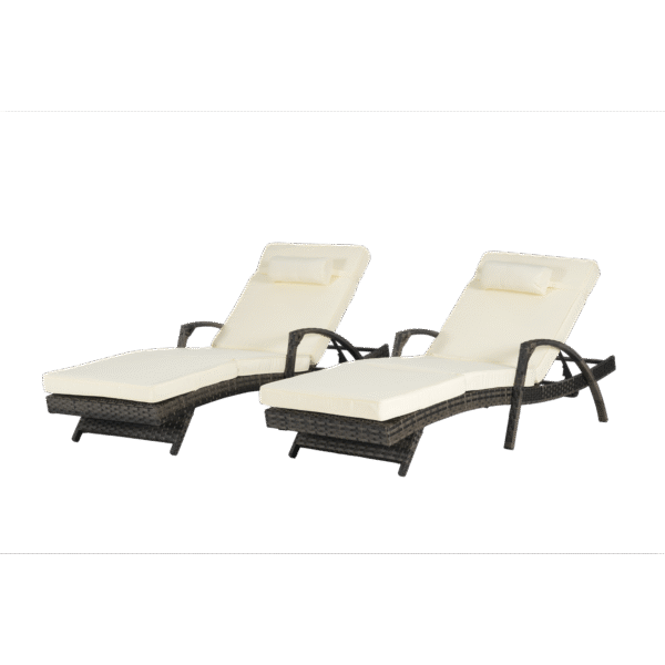 Dark brown rattan sun lounger set with cream cushions and adjustable backrests for patio, lawn, or beach.