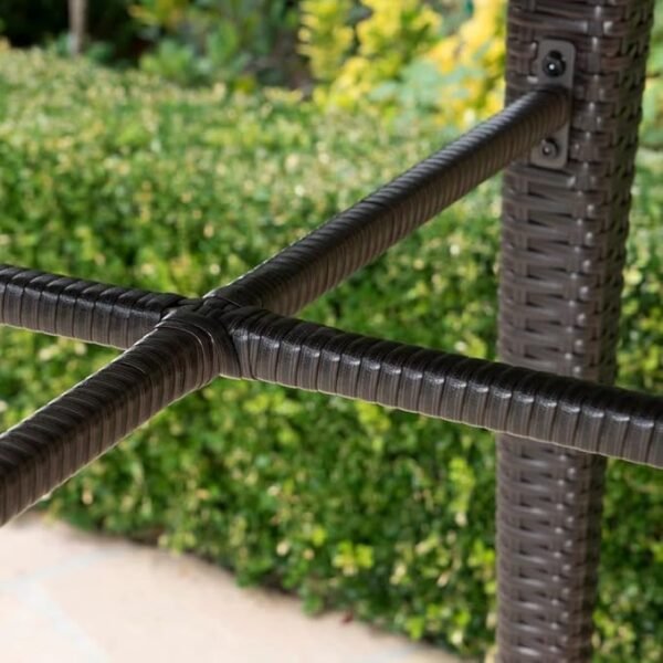 5-piece outdoor wicker bar set with stools and table, ideal for backyard and poolside gatherings.