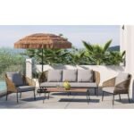 Beige and grey 4-piece weaving rope patio furniture set with thick cushions and armrests on outdoor patio