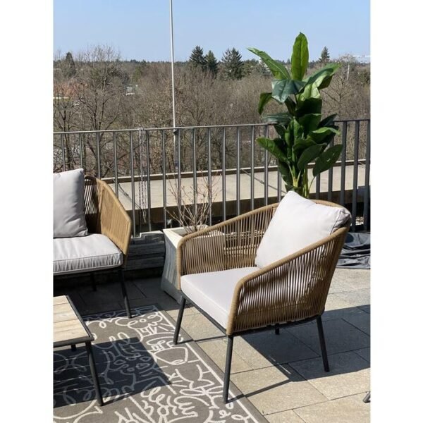 Beige and grey 4-piece weaving rope patio furniture set with thick cushions and armrests on outdoor patio