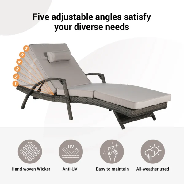 Set of 2 long reclining outdoor wicker chaise lounge chairs with cushions, perfect for patio or garden.