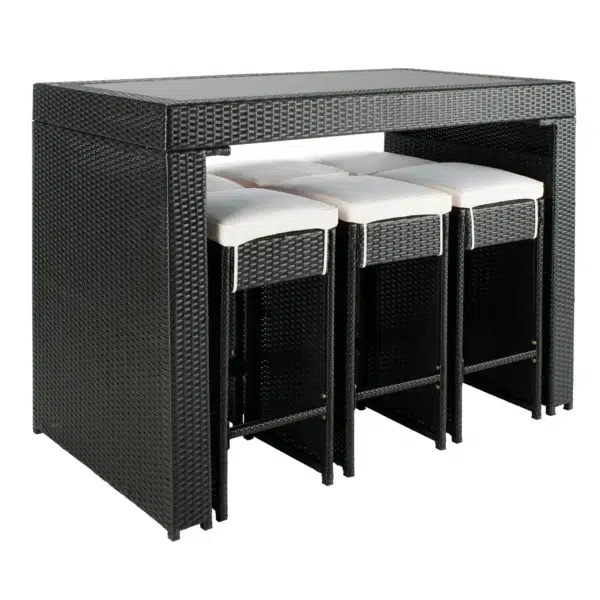 7 piece black and white wicker bar set with stools and table for outdoor or indoor use