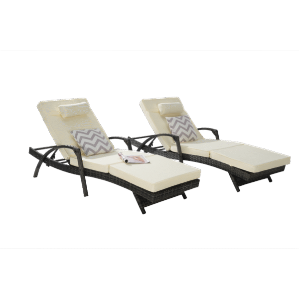 Dark brown rattan sun lounger set with cream cushions and adjustable backrests for patio, lawn, or beach.