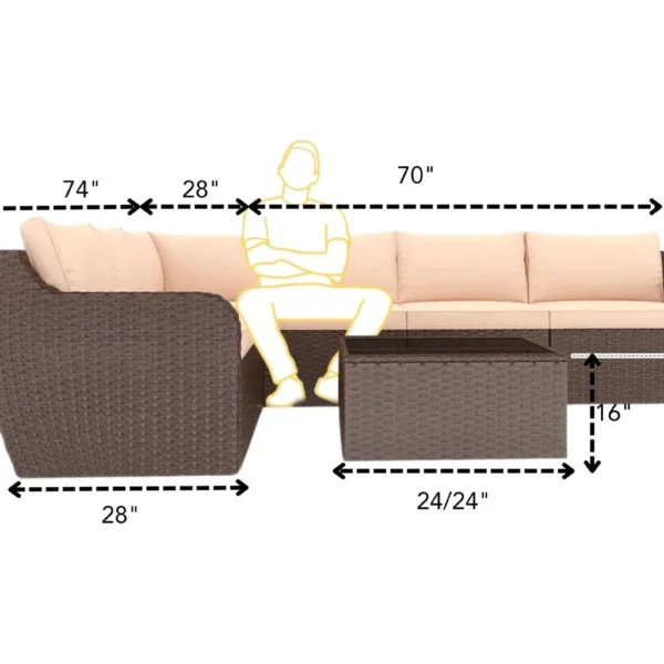 Outdoor sectional sofa set with dark brown rattan frame and cream cushions, perfect for patios and gardens.