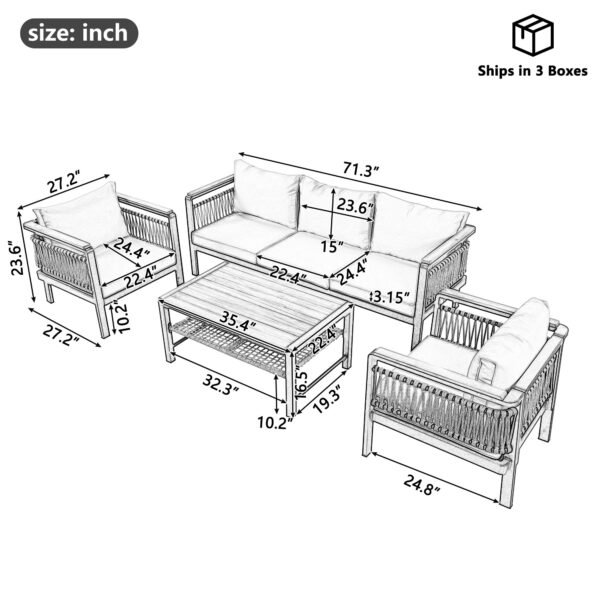 Outdoor 4-piece rope sofa set with beige cushions and grey frame, including three-seater sofa, two armchairs, and glass-top coffee table, ideal for garden, deck, poolside, or terrace.