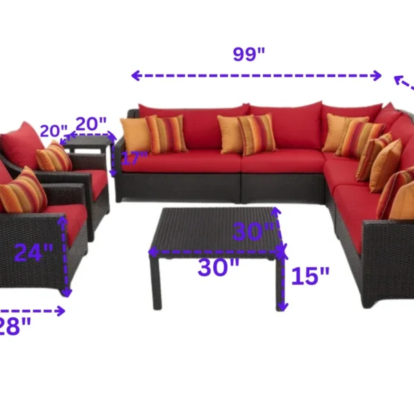 9-seater outdoor wicker sectional sofa with red cushions, including side and center tables, perfect for patio or garden