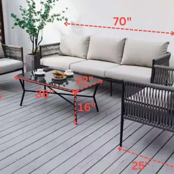 Grey and light grey outdoor rope woven sectional sofa patio set with waterproof cushions and glass table