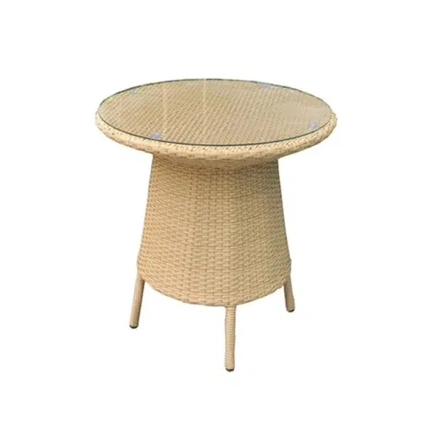 5-piece beige and white rattan patio conversation set with sofa, chairs, and table