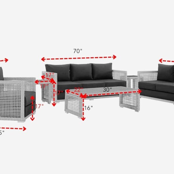 Outdoor 6-piece rattan wicker sectional sofa set in silver and grey, placed in a garden setting with cushions.