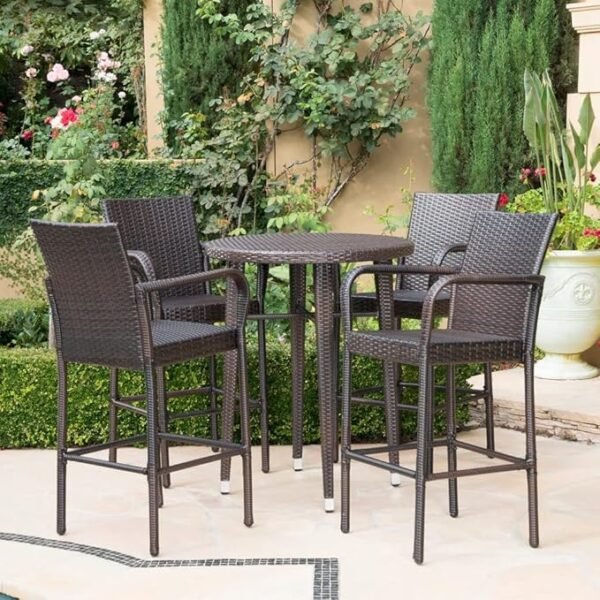 Entertain in style with this elegant 5-piece outdoor wicker bar set — perfect for backyard gatherings and poolside lounging.