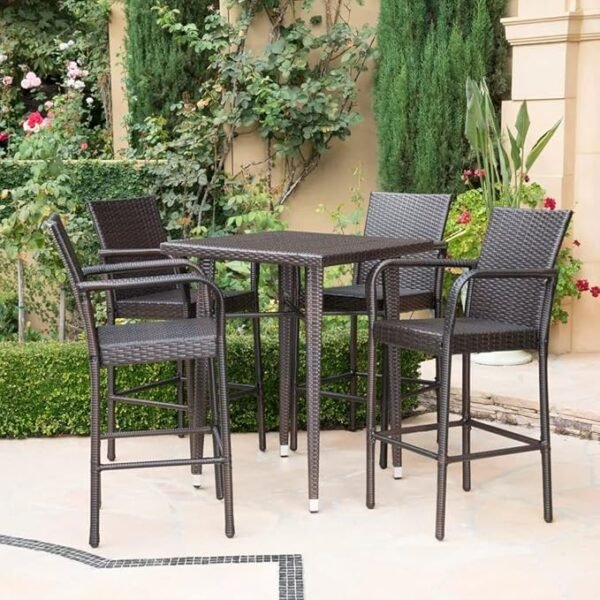 5-piece outdoor wicker bar set with stools and table, ideal for backyard and poolside gatherings.