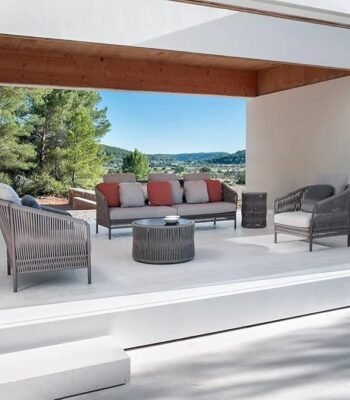 Elegant grey rope sofa set with center table, perfect for outdoor patio or garden seating.