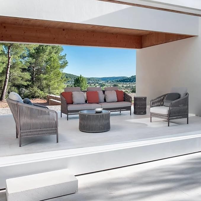 Elegant grey rope sofa set with center table, perfect for outdoor patio or garden seating.