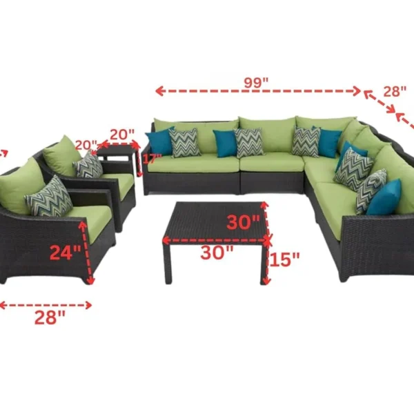 Waterproof rattan outdoor 9-seater sectional sofa set with green cushions and dark brown frame, including side and center tables