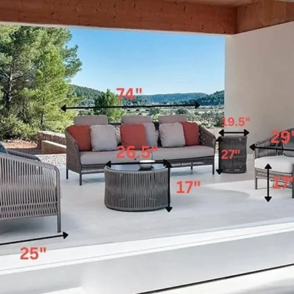 Outdoor 5-seater grey rope patio sofa set with center and side tables on a garden terrace, perfect for backyard and poolside lounging.
