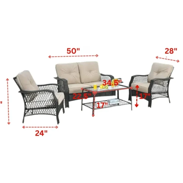 LOCCUS 4 Piece Outdoor Patio Wicker Rattan Sofa Conversation Set & Glass Top Coffee Table - Black & Cream - Image 3