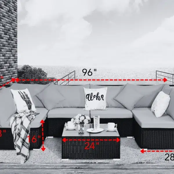 5-piece outdoor rattan sectional sofa set with black frame and red cushions, perfect for patio or garden.